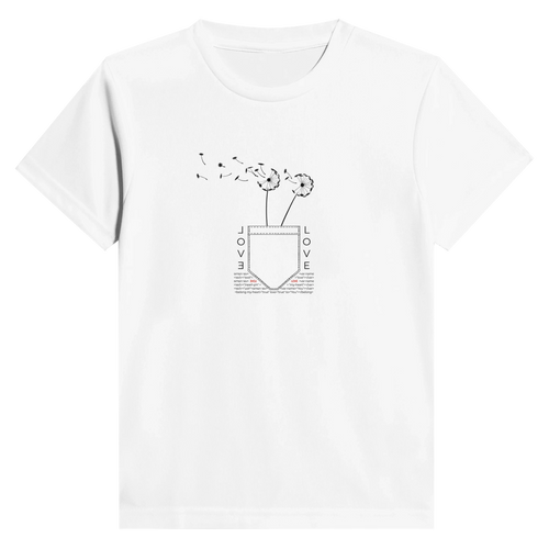 White kids graphic T-shirt with heart-shaped 'LOVE' print on the chest