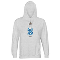 Heather gray cotton hoodie with hood, drawstrings, front pocket, and centered graphic print