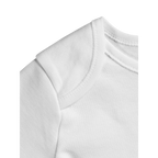 White cotton bodysuit close-up of shoulder seam and neckline