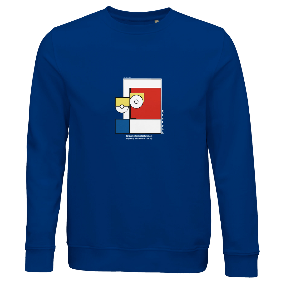 Unisex royal blue sweatshirt with Piet Mondrian style square graphic on chest