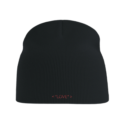 Pull-on beanie, black knit with small red 'LOVE' patch on front