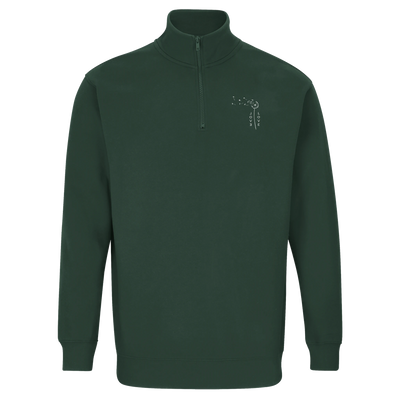 Unisex quarter-zip sweatshirt in bottle green with small chest Love graphic, long sleeves.