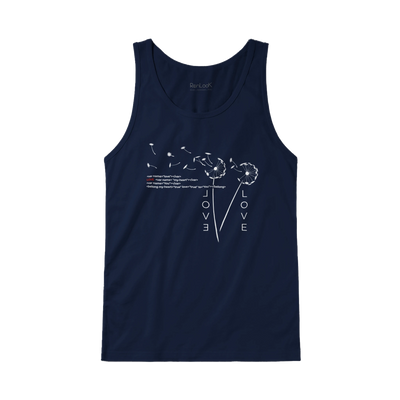 Navy tank top with crew neckline and tree LOVE graphic print