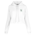 White cropped hoodie with hood, drawstring, and embroidered peace sign logo