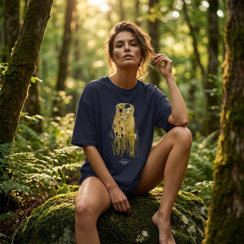 Navy oversized T-shirt with gold portrait graphic on the chest