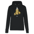 Black pullover hoodie with front artwork graphic and kangaroo pocket