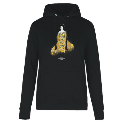 Black pullover hoodie with front artwork graphic and kangaroo pocket