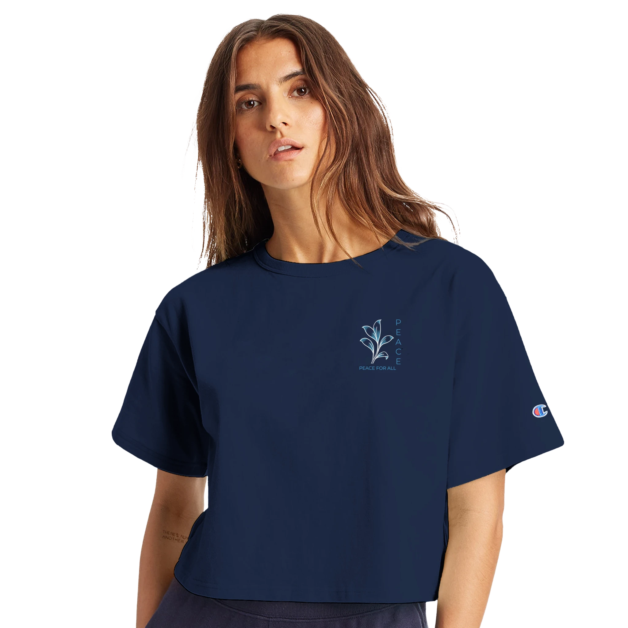 Women’s cropped heritage t-shirt in navy, small chest graphic and sleeve Champion logo