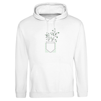 White unisex pullover hoodie front view with chest plant graphic and drawstring hood