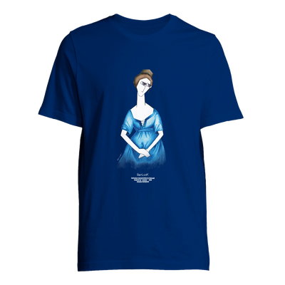 Blue T-shirt with centered character graphic print in blue and white