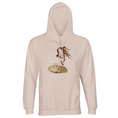 Light pink hoodie with hood and front pocket, Venus-style graphic on chest.