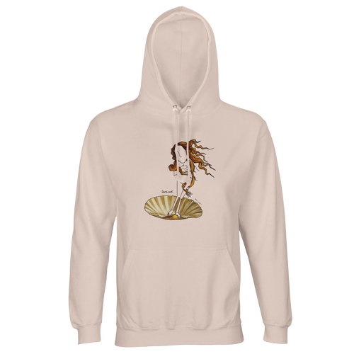 Light pink hoodie with hood and front pocket, Venus-style graphic on chest.