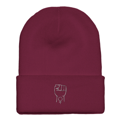 Cuffed beanie in maroon with white fist icon on the cuff