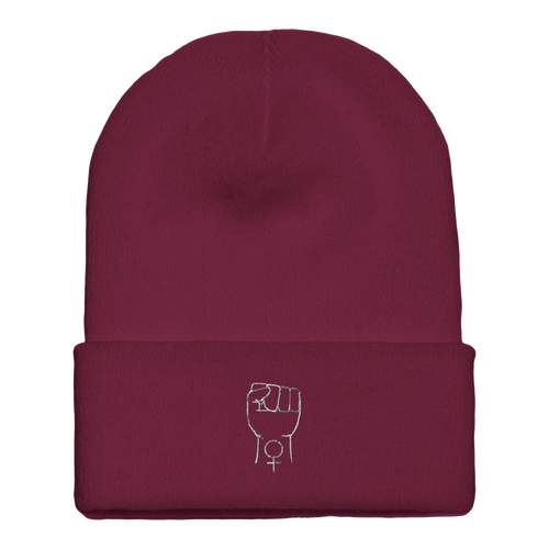 Cuffed beanie in maroon with white fist icon on the cuff