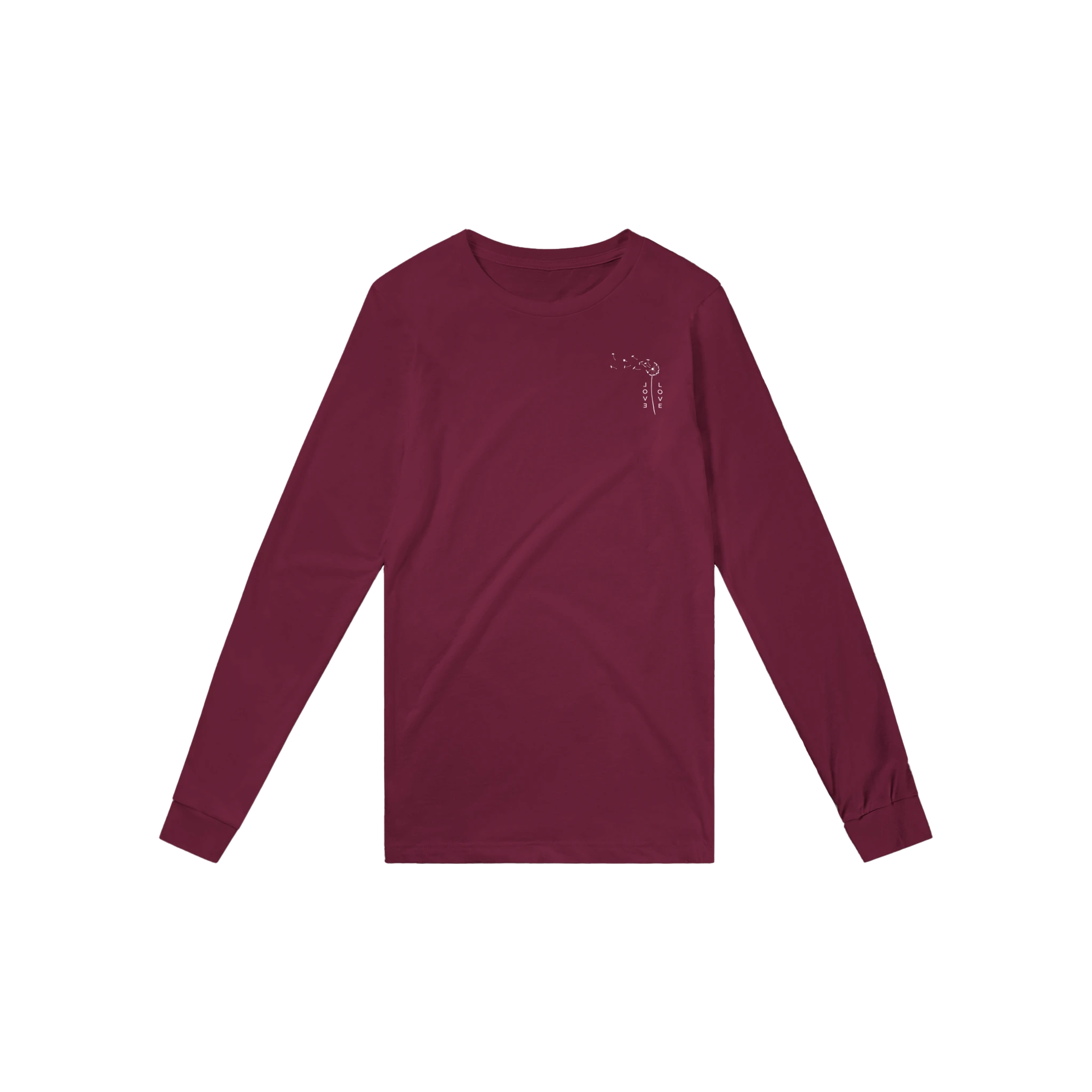 Maroon unisex long-sleeve T-shirt with small chest graphic.