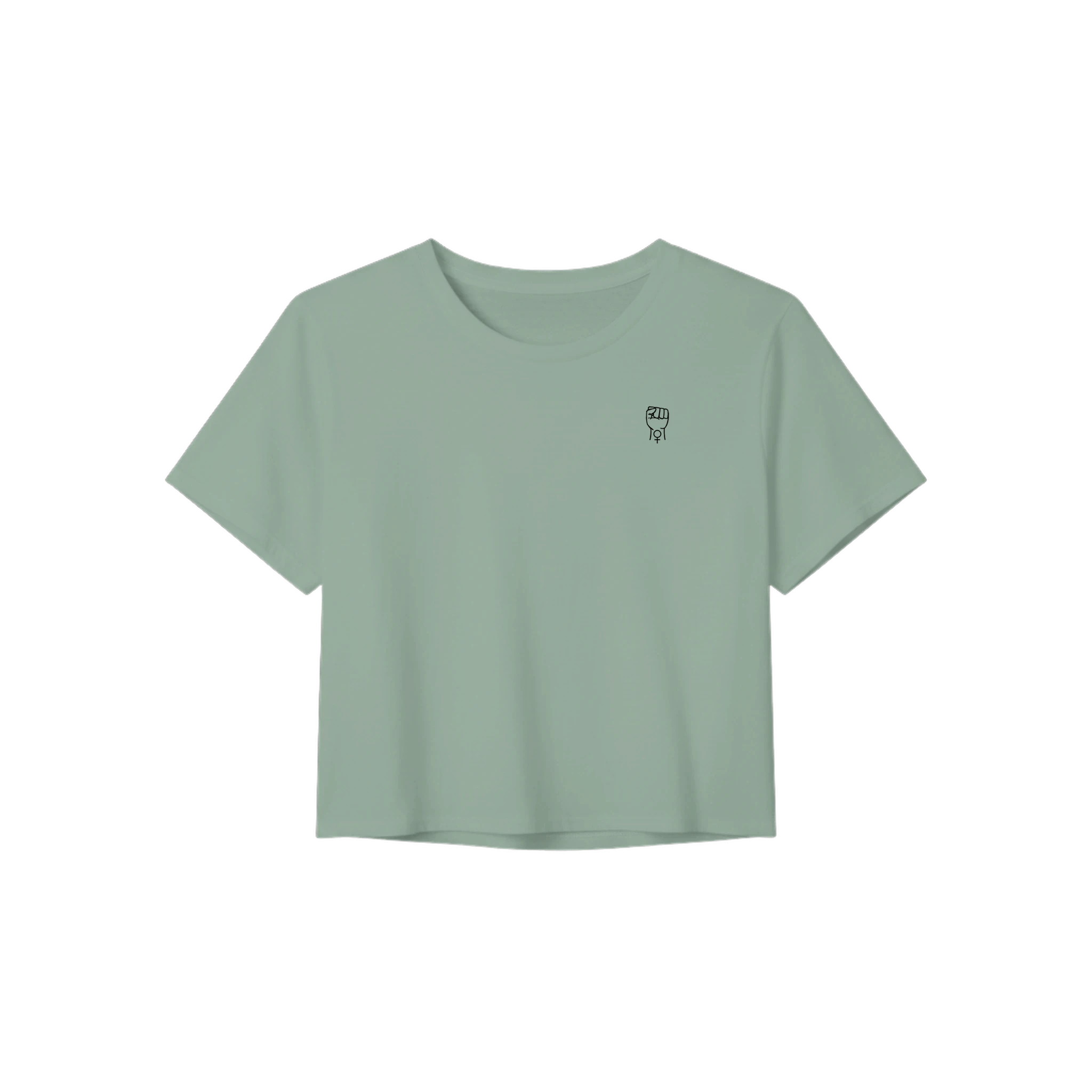 Mint green crop tee with short sleeves, crew neckline, and small chest graphic.