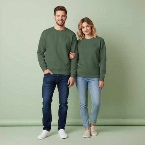 Unisex sweatshirt in deep green with small chest peace logo.