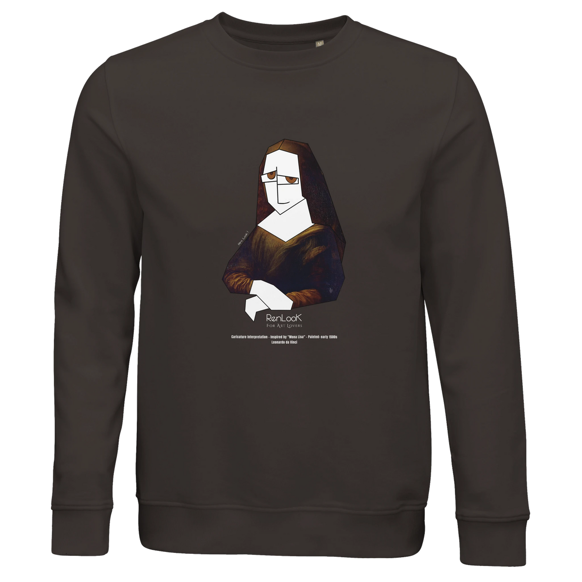 Unisex deep charcoal gray sweatshirt with Mona Lisa portrait graphic print at chest