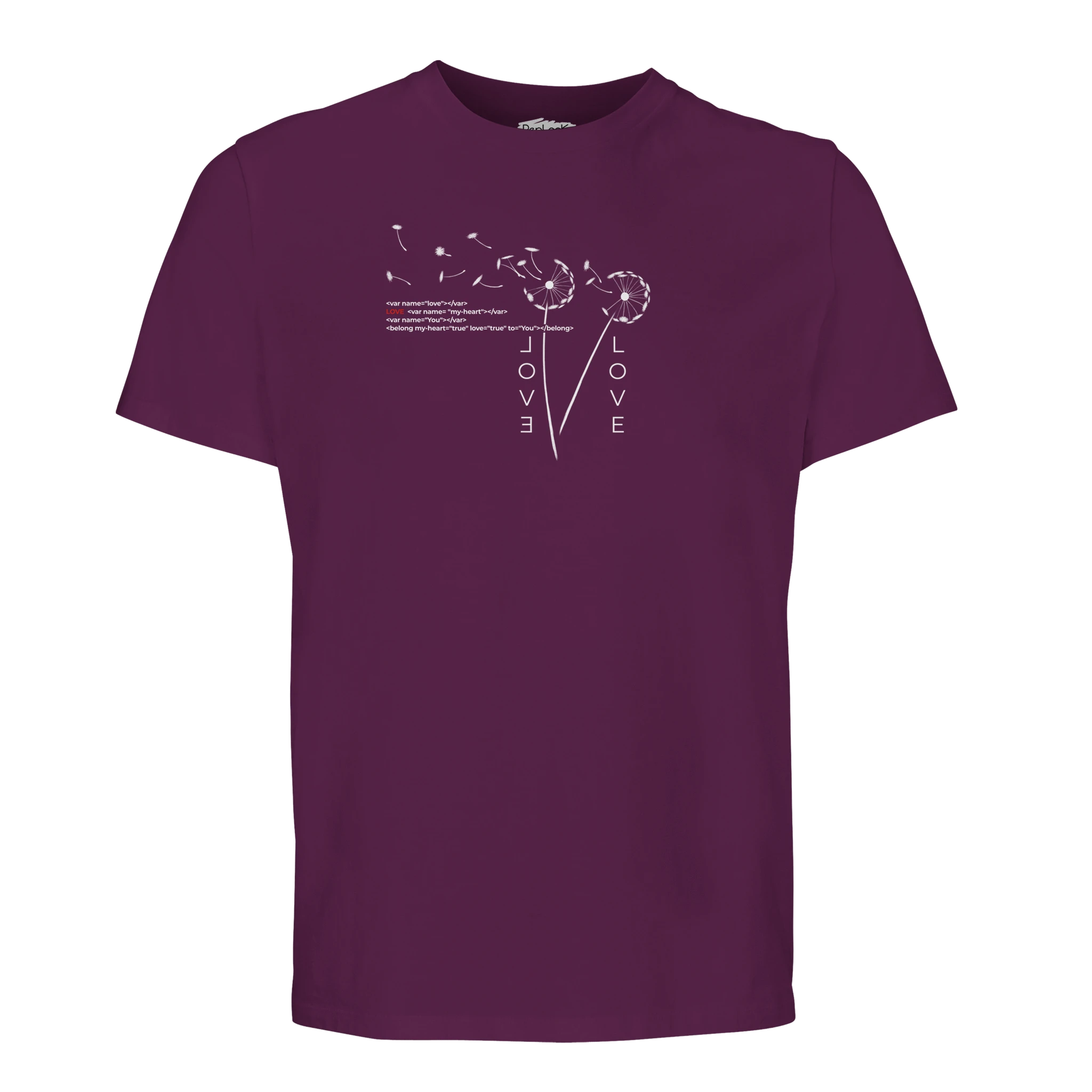 Purple crew-neck organic T-shirt with small Love graphic print on chest