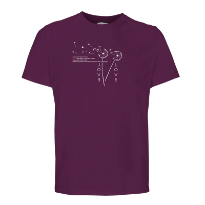 Purple crew-neck organic T-shirt with small Love graphic print on chest