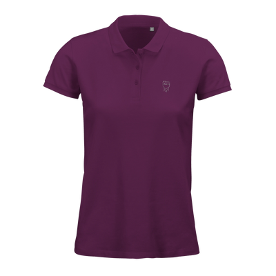 Women’s polo shirt in deep purple with button placket and small chest graphic