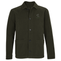 Olive/khaki unisex organic jacket with button front, chest logo, and long sleeves