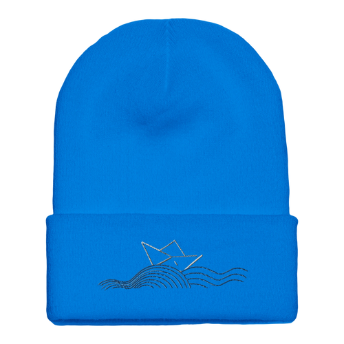 Cuffed beanie with boat and waves logo, bright blue knit front.