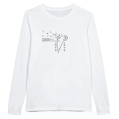 White long-sleeve T-shirt with LOVE and heart graphic centered on the chest