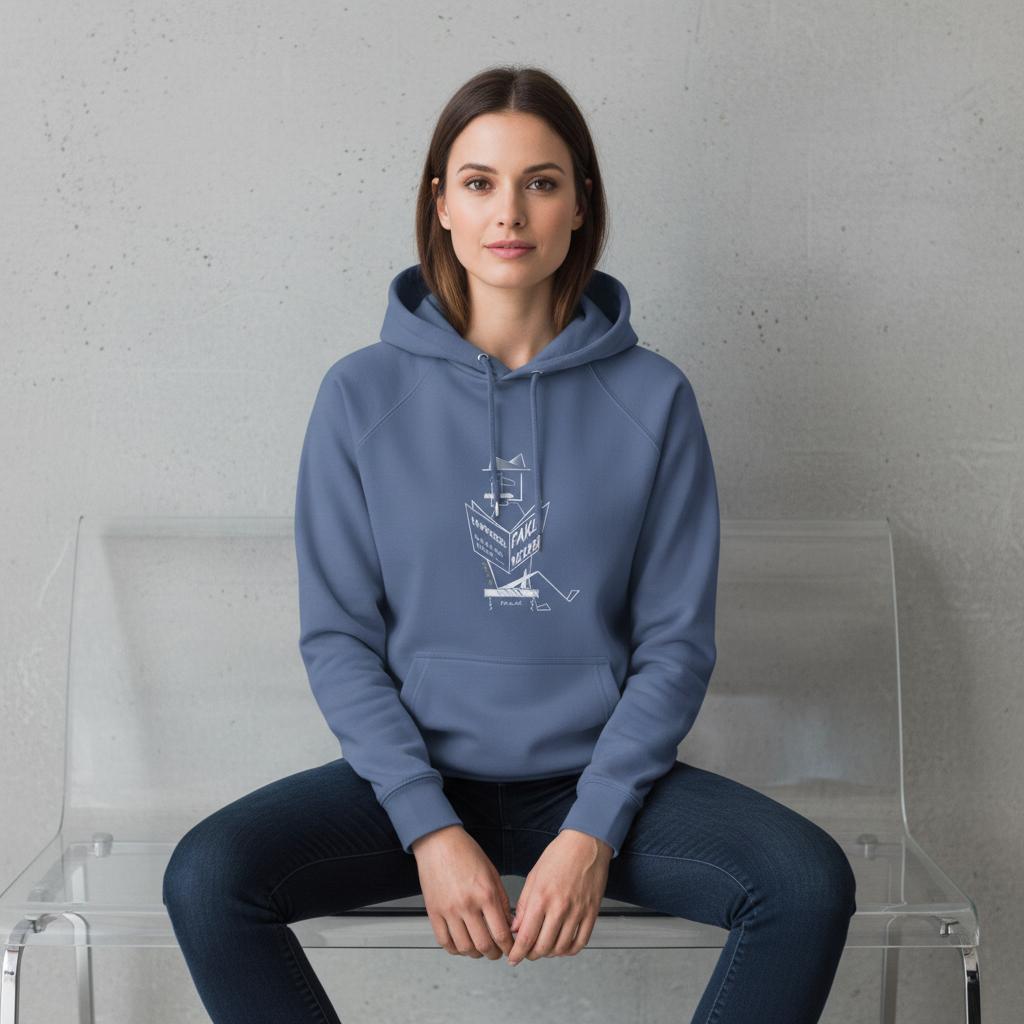 Woman wearing a blue hoodie with Fake news animated character, sitting on a clear chair against a gray background