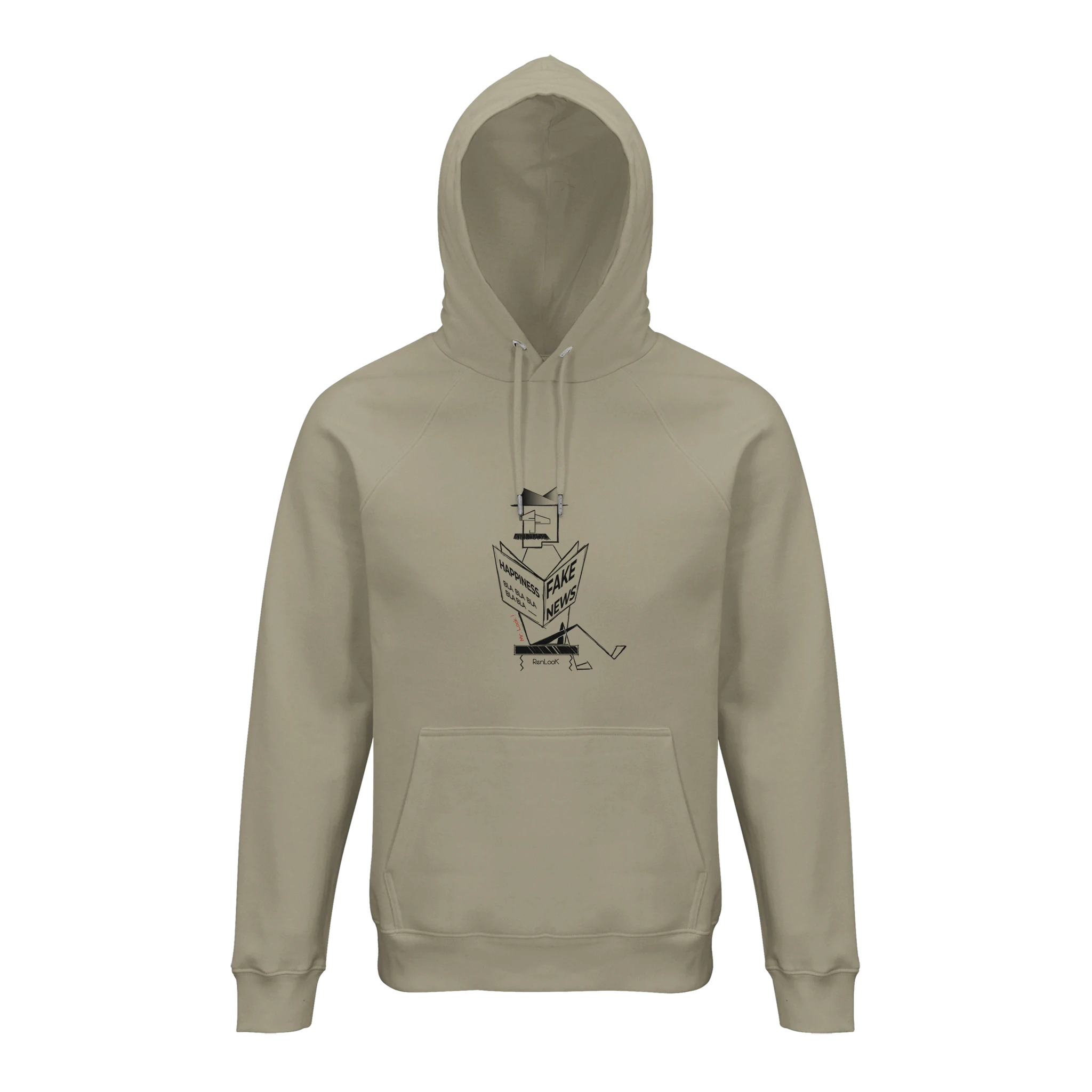 Beige hoodie with a graphic design on a white background