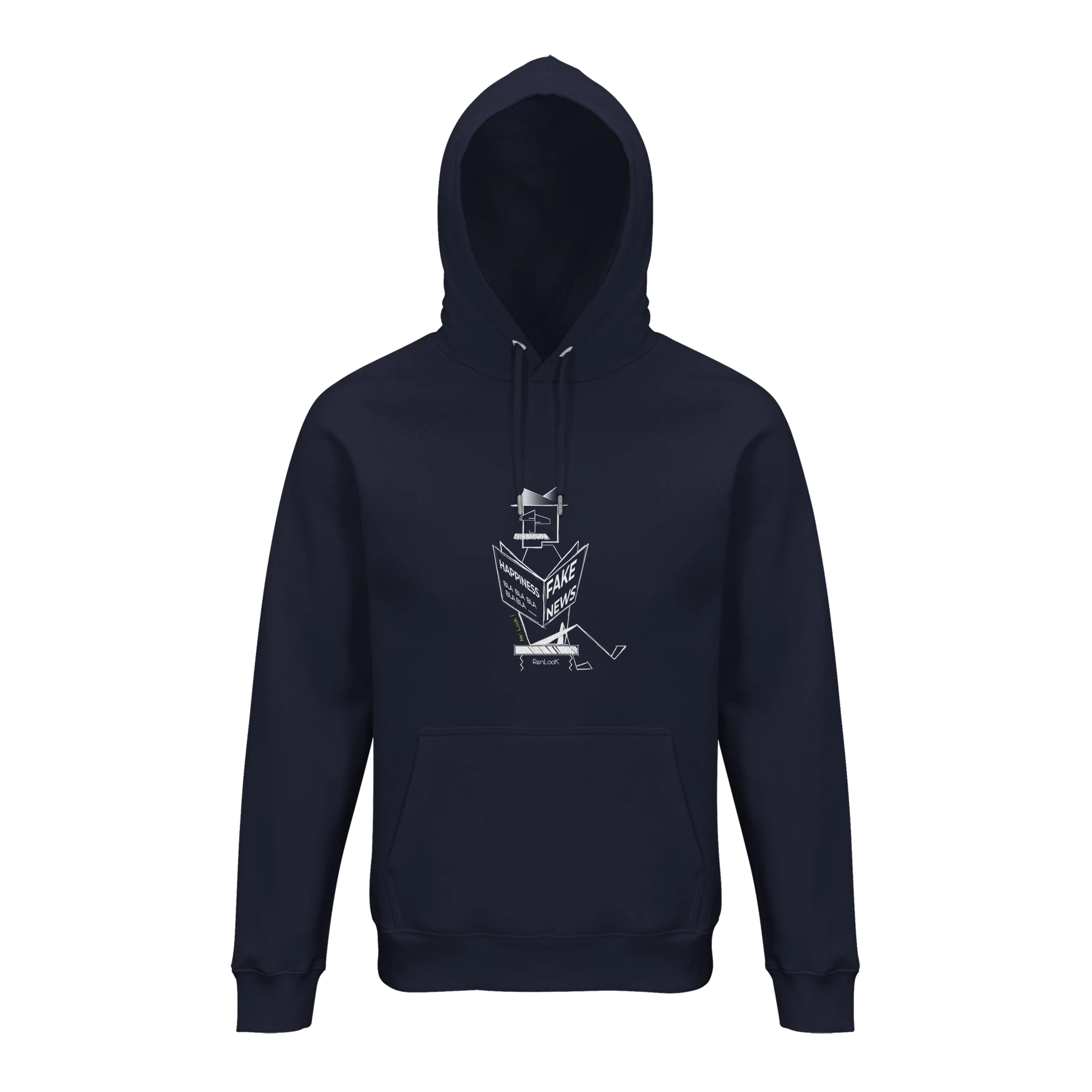 Navy blue hoodie with a white graphic on a white background