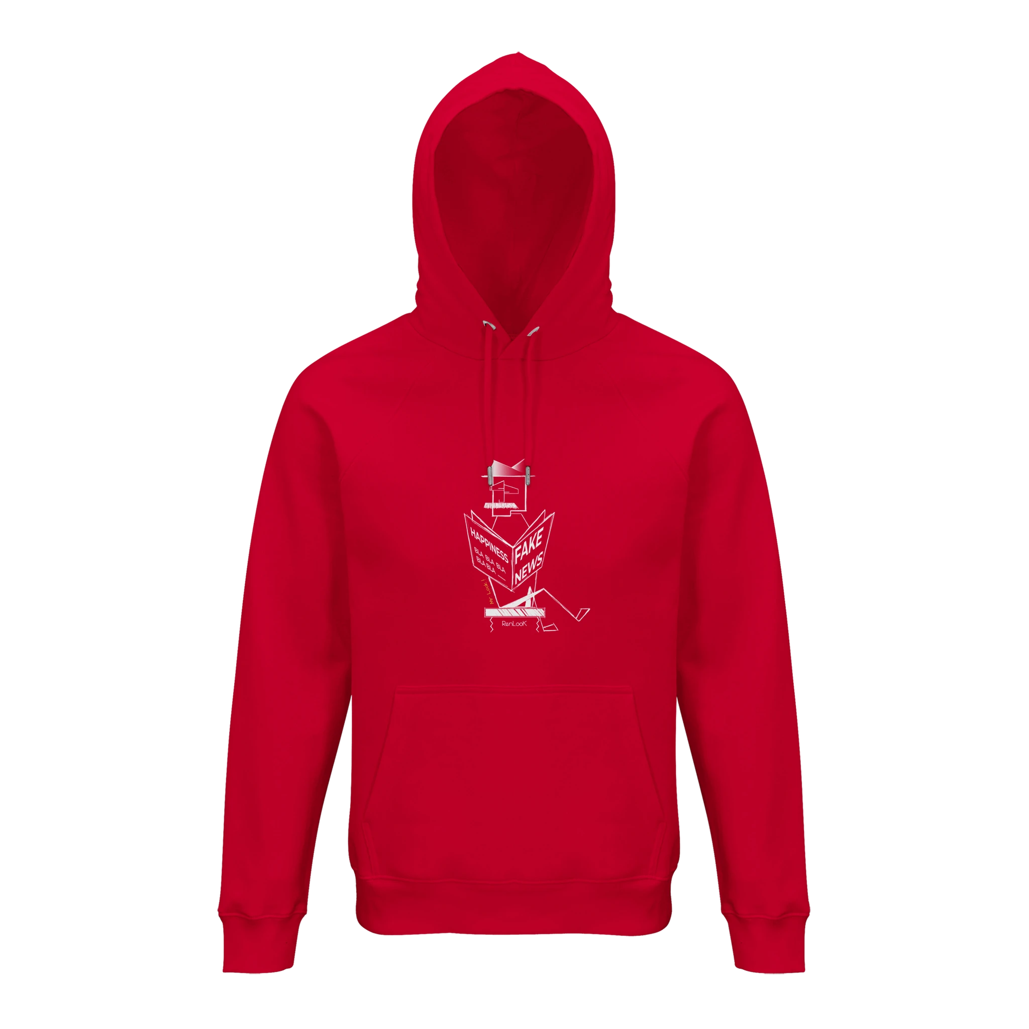 Red hoodie with a white graphic on a white background