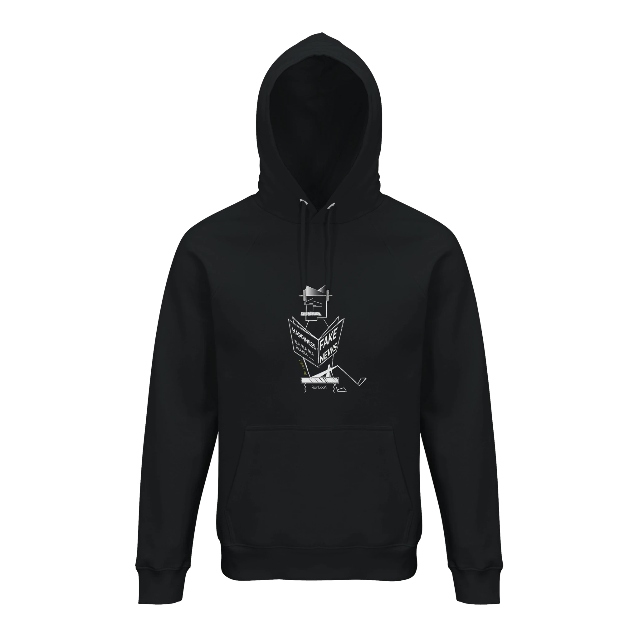 Black hoodie with a white graphic on a white background
