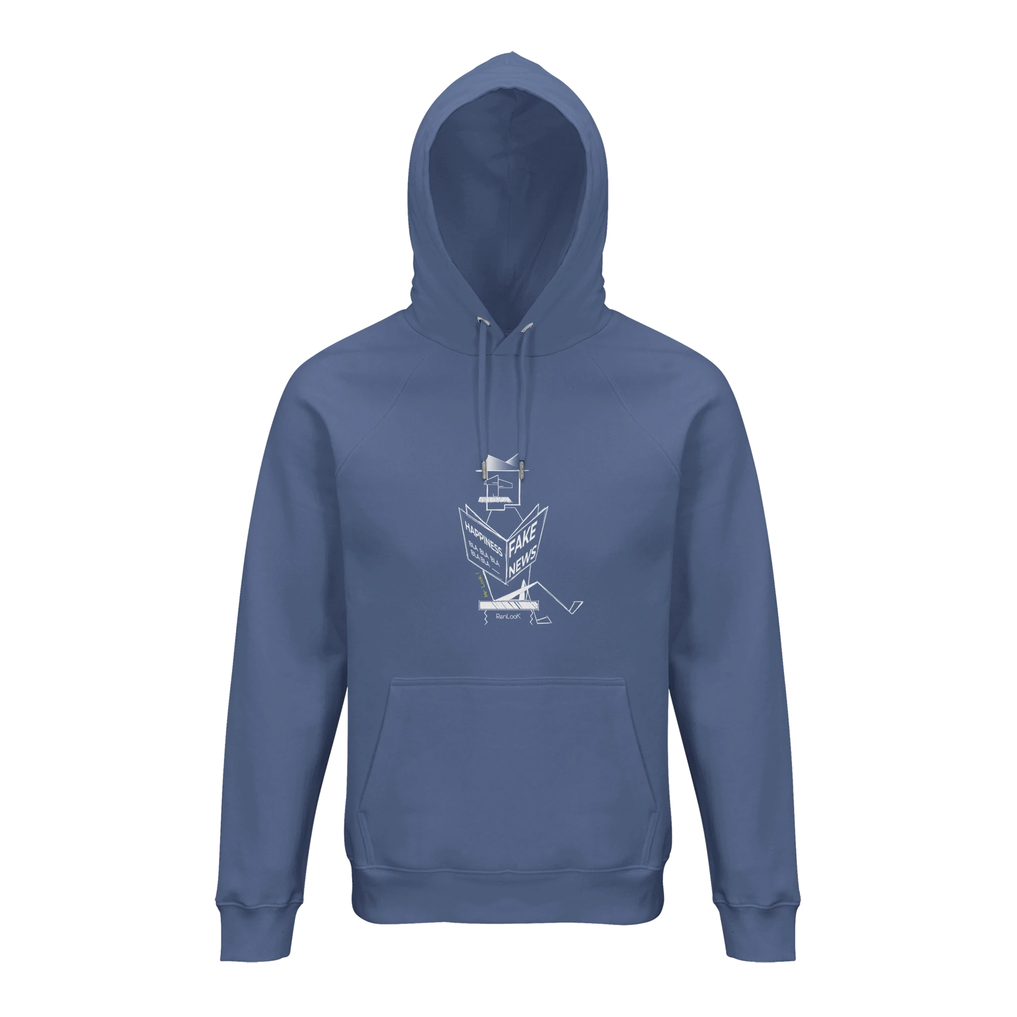 Blue hoodie with a white graphic on a white background