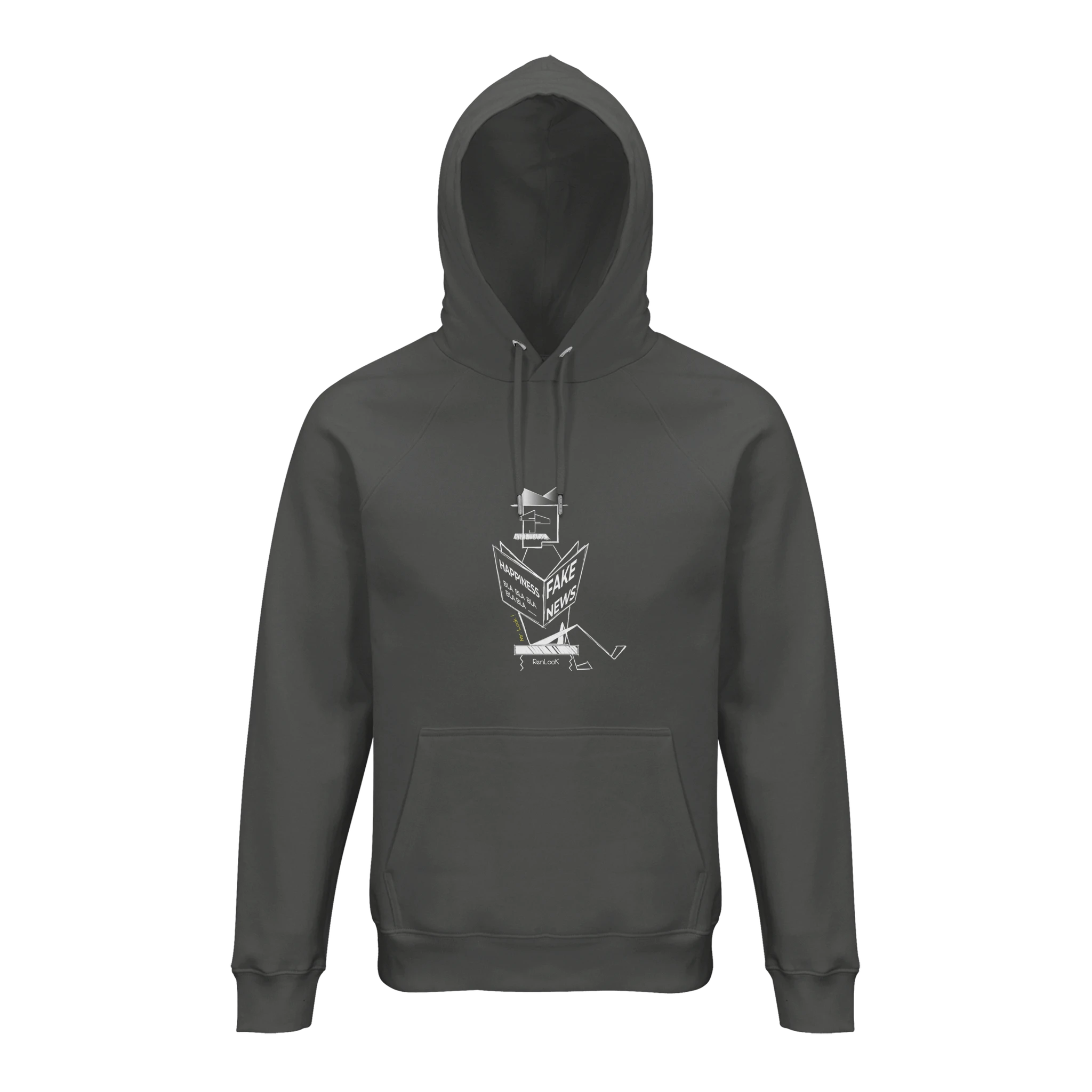Dark gray hoodie with a white graphic on a white background