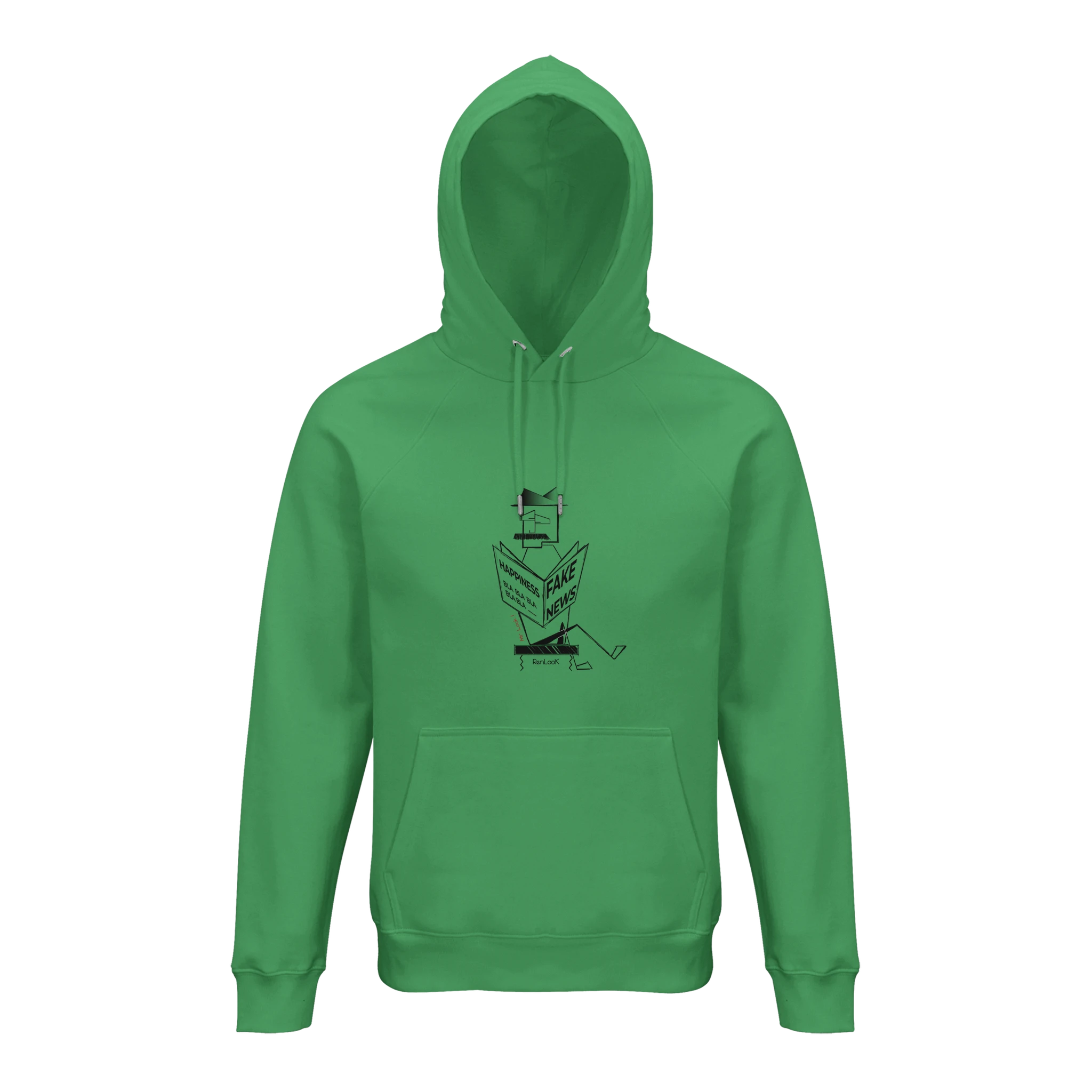 Green hoodie with a graphic design on a white background