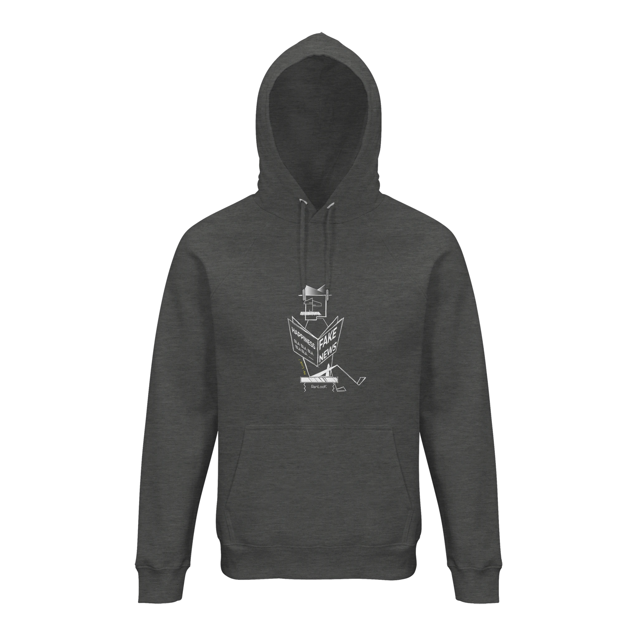 Dark gray melange hoodie with a white graphic on a white background