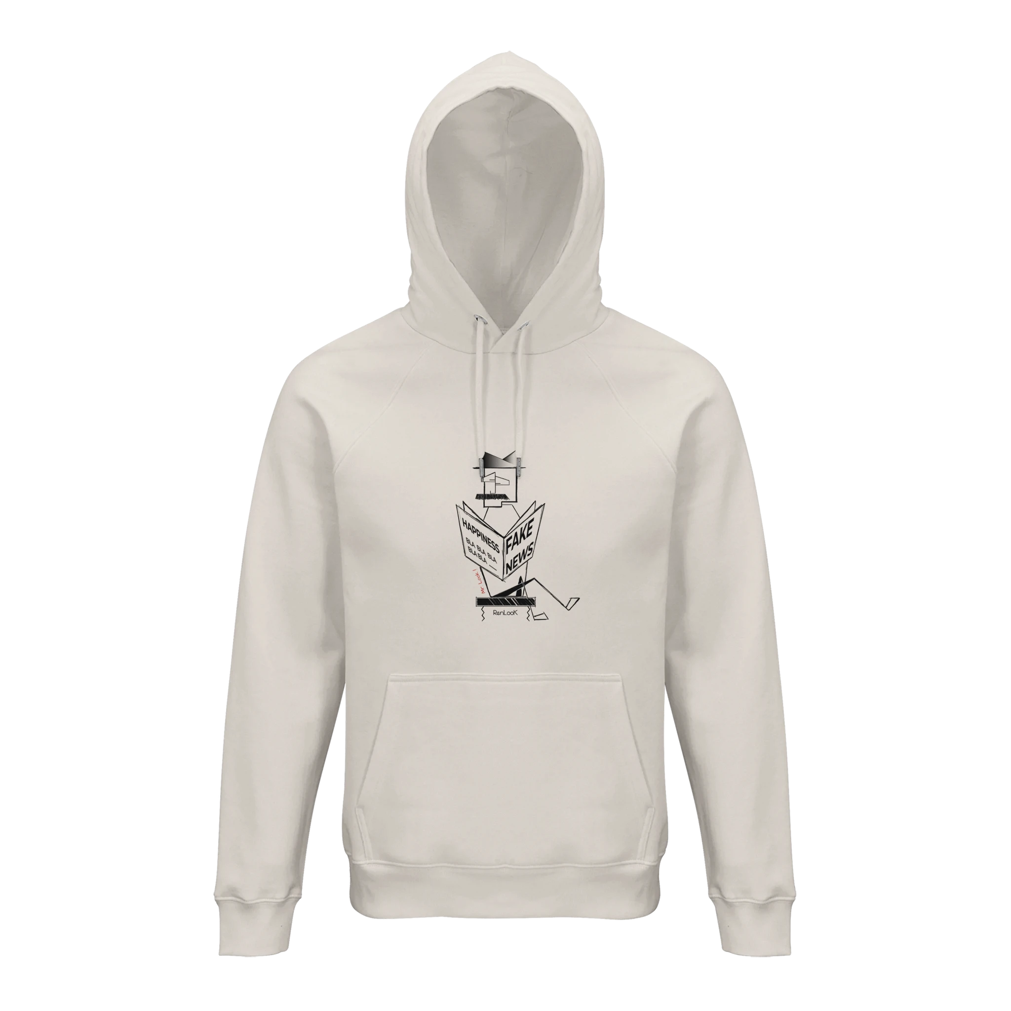 Beige hoodie with a graphic design on a white background