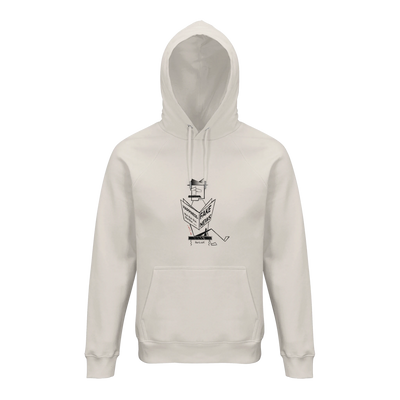 Unisex white hoodie with front pouch and Fake News graphic