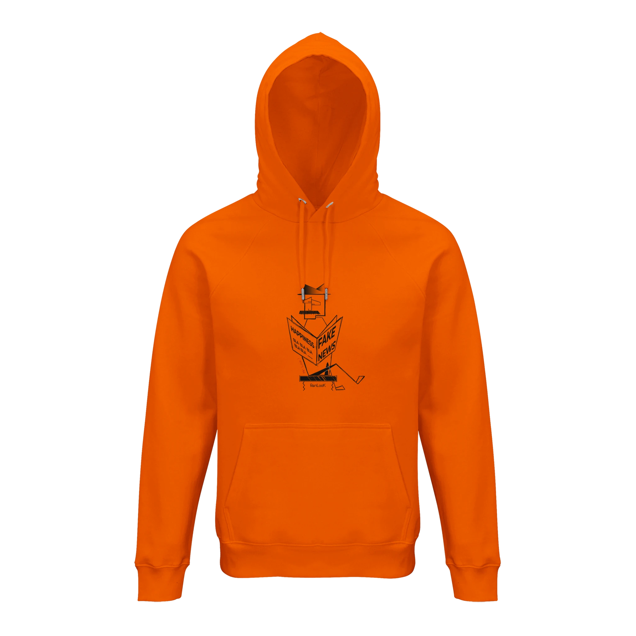 Orange hoodie with a graphic design on a white background