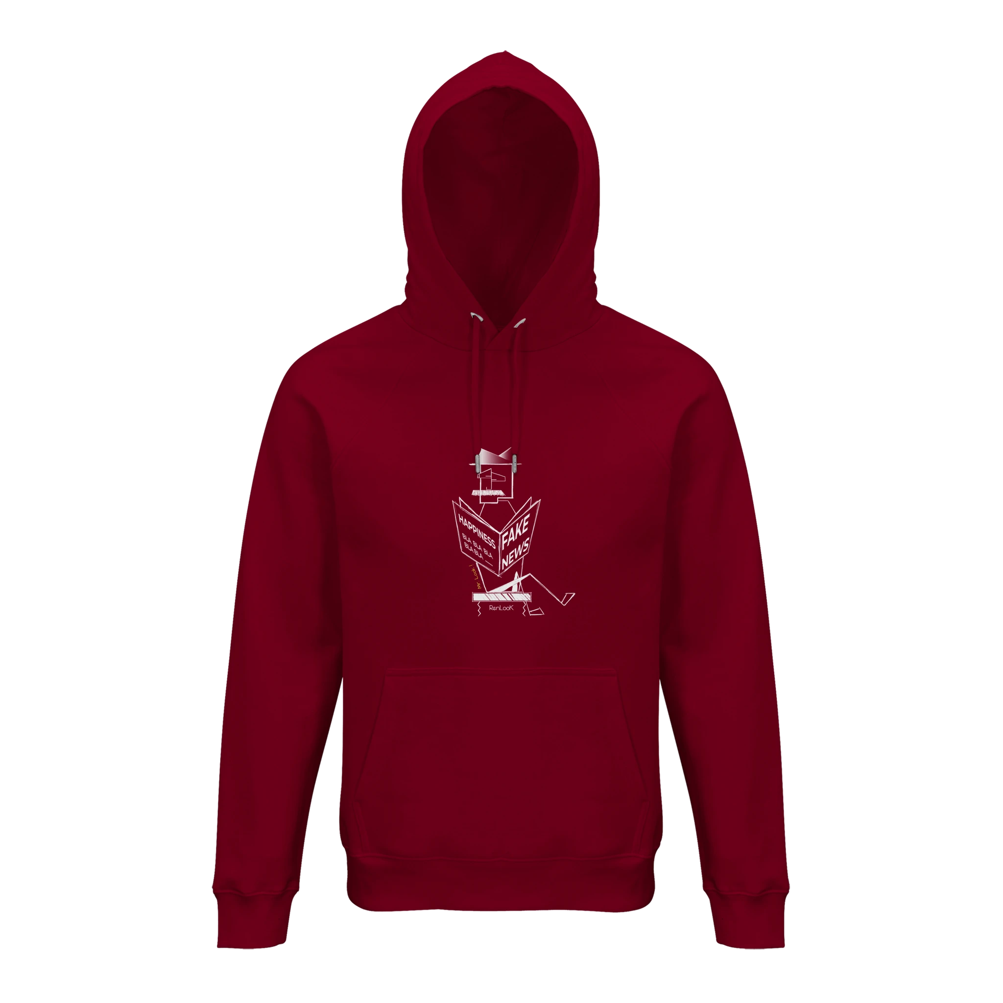 Red hoodie with a white graphic on a white background