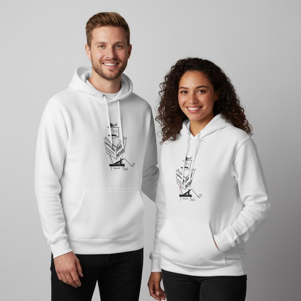 Two people wearing white hoodies with a graphic design of Fake News on a gray background
