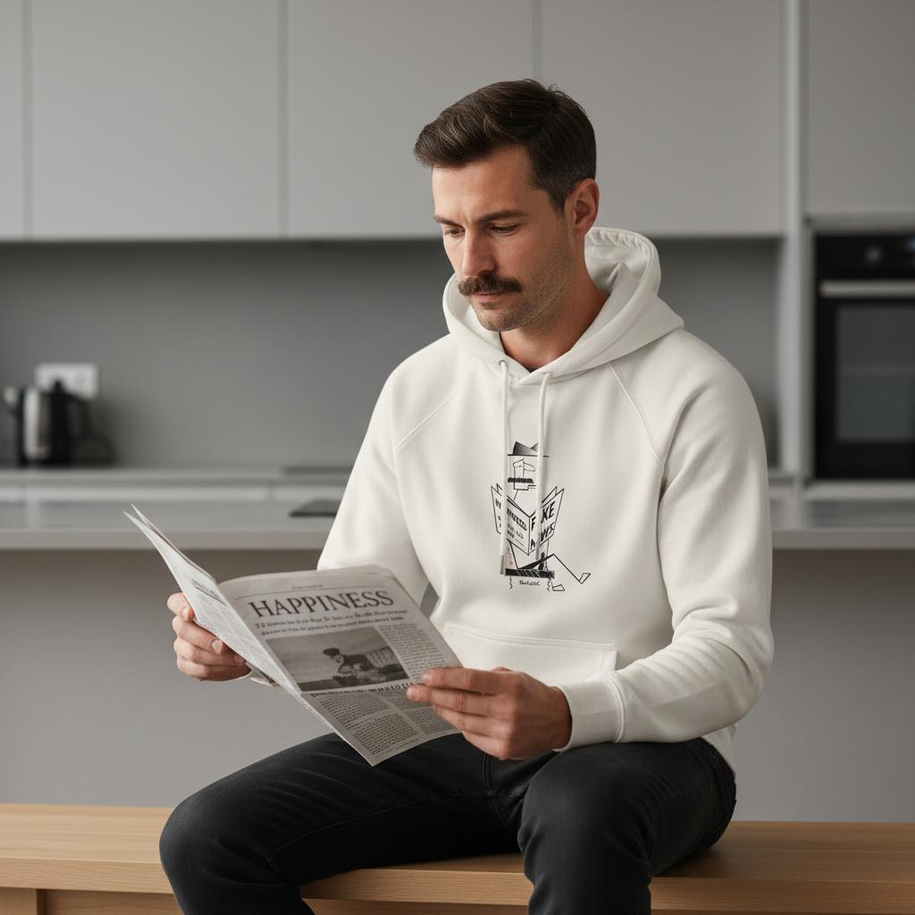 Man in a white hoodie reading a newspaper in a kitchen.