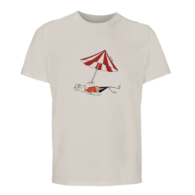 Organic unisex T-shirt, cream, red umbrella graphic at center chest