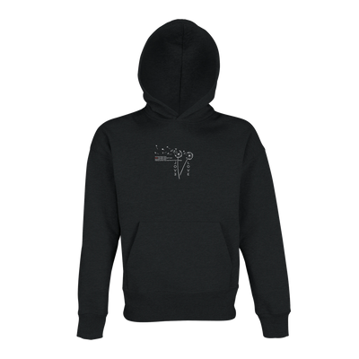 Black unisex oversized hoodie with hood and front pouch; Love graphic at chest.