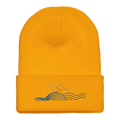 Cuffed beanie with boat and waves logo, gold knit front.