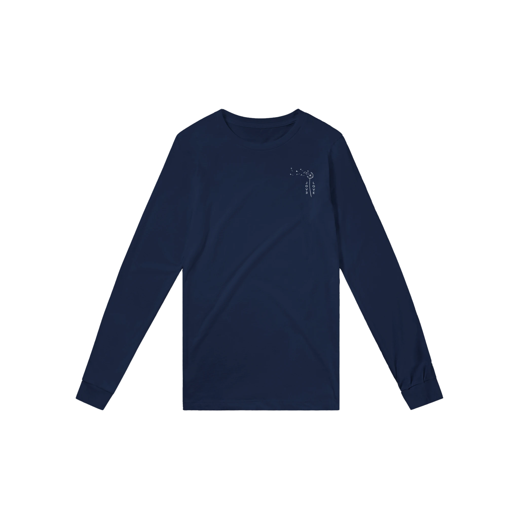 Dark navy unisex long-sleeve shirt with small chest graphic, crew neck