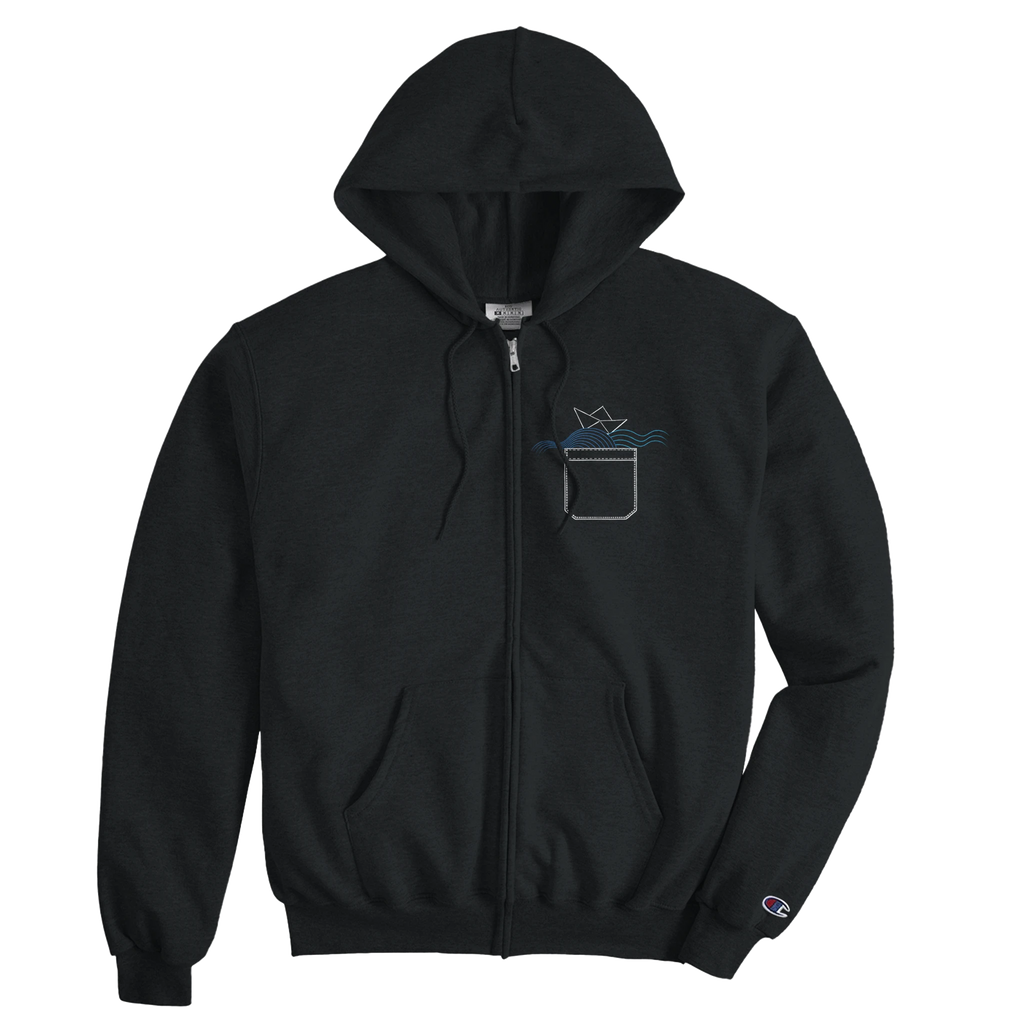 Black unisex zip hoodie, full front view with RenLook chest graphic