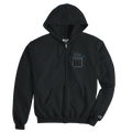 Black unisex zip hoodie, full front view with RenLook chest graphic