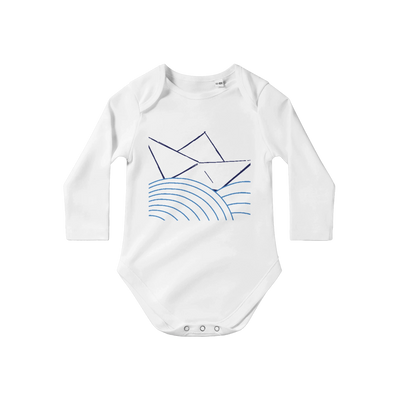 White long-sleeve baby cotton bodysuit with blue geometric rain graphic
